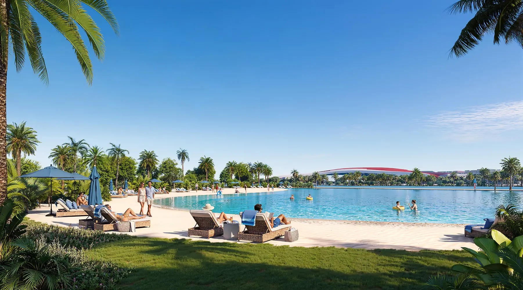 Crystal lagoon with a sandy beach and loungers