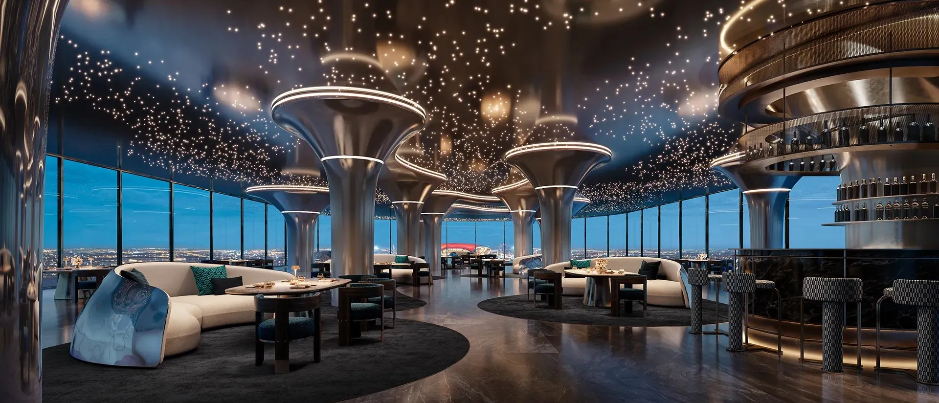 Fine dining restaurant with a starlit ceiling